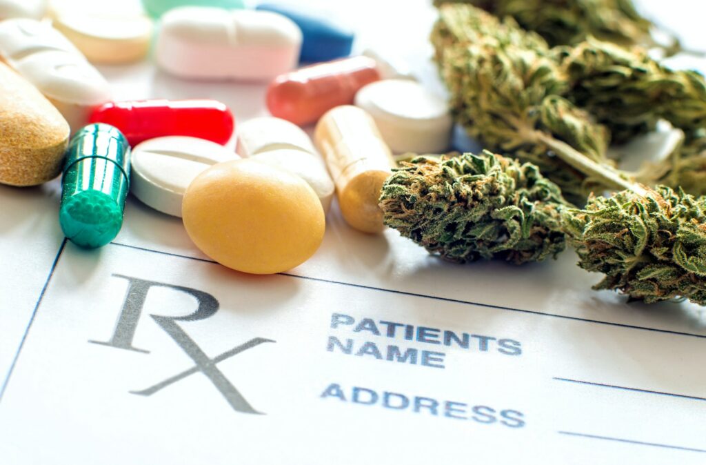 Prescription pills with medical cannabis and prescription paper